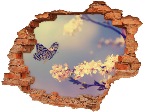 Vinilo pared rota 3d efecto realista Paisaje floral con una mariposa