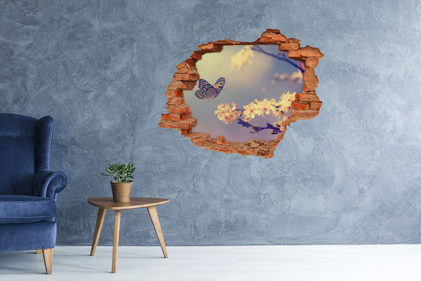Vinilo pared rota 3d efecto realista Paisaje floral con una mariposa