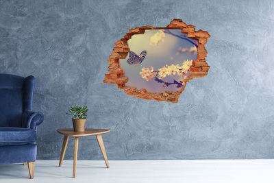 Vinilo pared rota 3d efecto realista Paisaje floral con una mariposa
