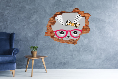 Vinilo pared rota 3d efecto realista Gatito con gafas