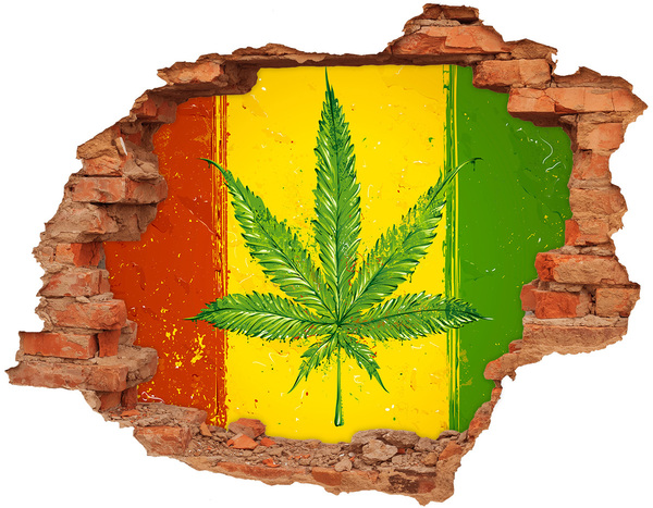 Pegatina de vinilo agujero 3d para pared Hoja de cannabis verde sobre un fondo amarillo-rojo-verde