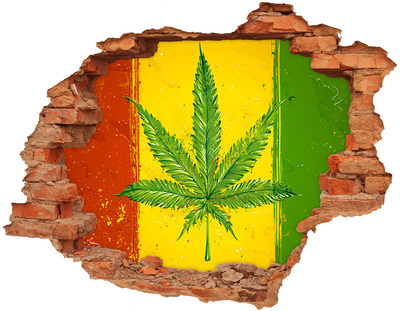 Pegatina de vinilo agujero 3d para pared Hoja de cannabis verde sobre un fondo amarillo-rojo-verde