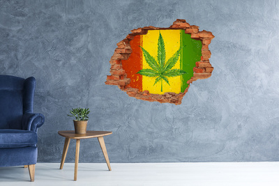 Pegatina de vinilo agujero 3d para pared Hoja de cannabis verde sobre un fondo amarillo-rojo-verde