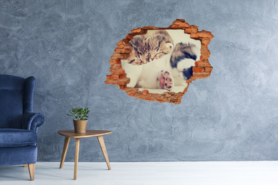 Vinilo pared rota 3d efecto realista Lindos gatitos en un agujero en la pared