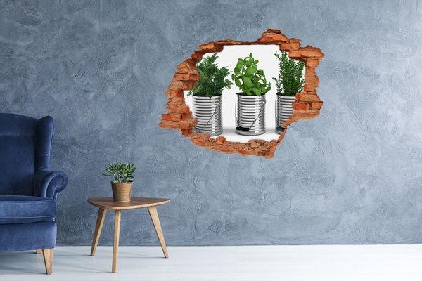 Vinilo pared rota 3d efecto realista Jardín verde en macetas de metal
