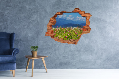 Vinilo pared rota 3d efecto realista Paisaje floral de montaña