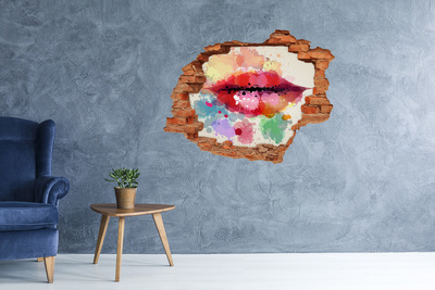 Pegatina de vinilo agujero 3d para pared Labios coloridos sobre un fondo de hormigón