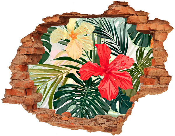 Vinilo pared rota 3d efecto realista Jardín tropical de hibiscos