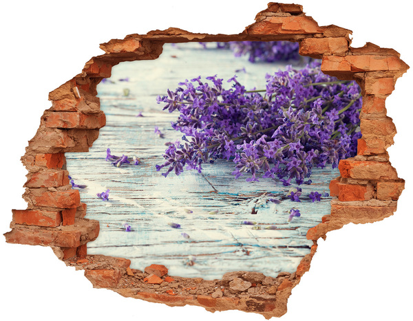 Trampantojo de pared rota efecto profundidad Flores de lavanda sobre un fondo de madera