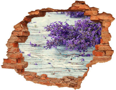 Trampantojo de pared rota efecto profundidad Flores de lavanda sobre un fondo de madera