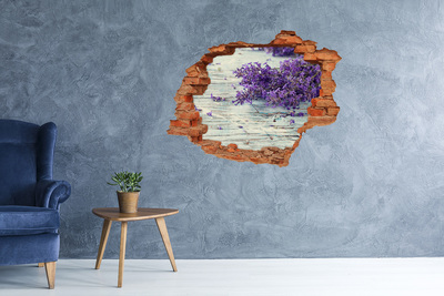 Trampantojo de pared rota efecto profundidad Flores de lavanda sobre un fondo de madera