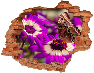 Pegatina de vinilo agujero 3d para pared Mariposa sobre flores en un agujero en la pared