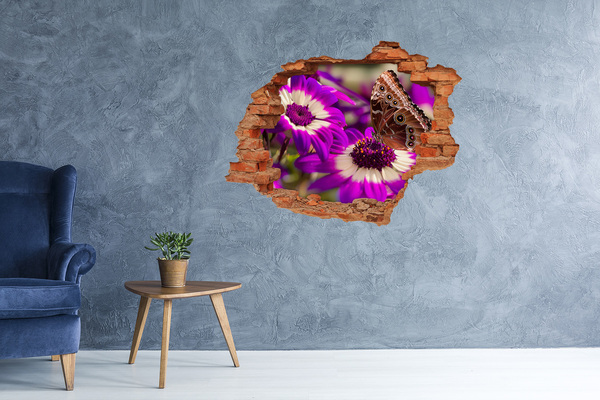 Pegatina de vinilo agujero 3d para pared Mariposa sobre flores en un agujero en la pared