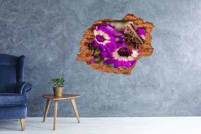 Pegatina de vinilo agujero 3d para pared Mariposa sobre flores en un agujero en la pared