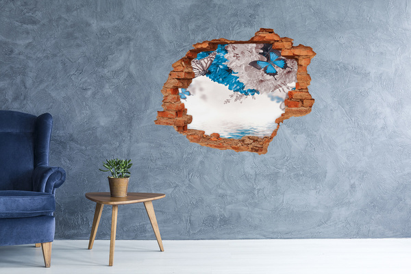 Pegatina de vinilo agujero 3d para pared Paisaje floral con mariposas