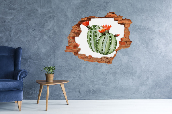 Vinilo pared rota 3d efecto realista Un cactus con una flor en un agujero en la pared