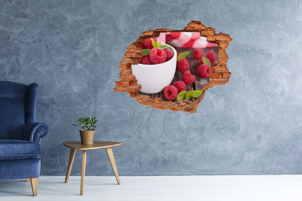 Pegatina de vinilo agujero 3d para pared Frambuesas en un bol