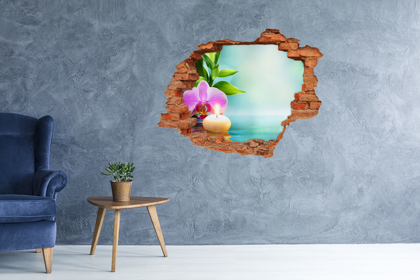 Pegatina de vinilo agujero 3d para pared Un oasis de paz con una flor y una vela