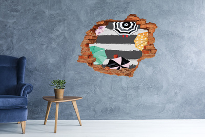 Vinilo pared rota 3d efecto realista Playa misteriosa con sombrillas