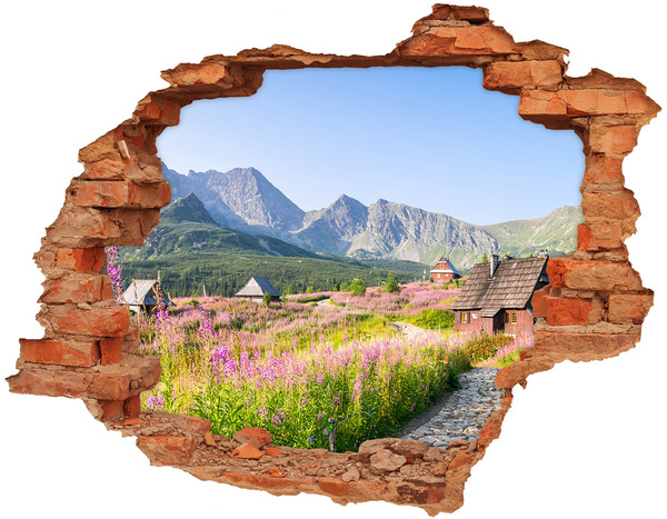 Vinilo pared rota 3d efecto realista Un claro de montaña en flores