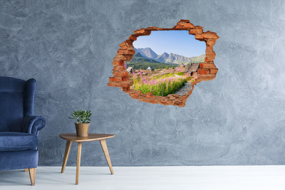 Vinilo pared rota 3d efecto realista Un claro de montaña en flores