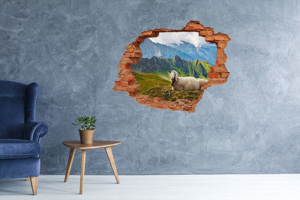 Vinilo pared rota 3d efecto realista Pradera de montaña con ovejas