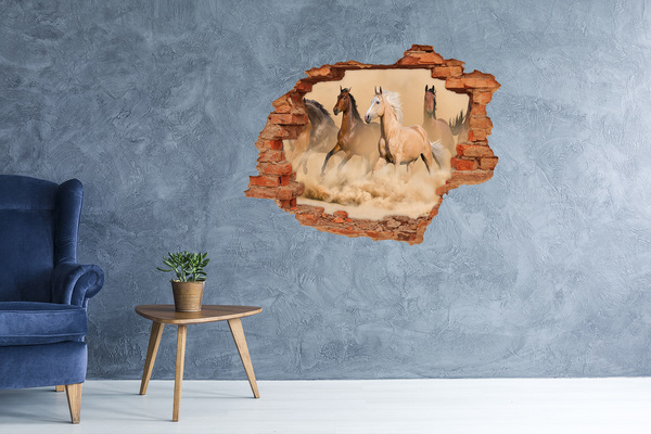 Vinilo pared rota 3d efecto realista Caballos al galope en la naturaleza