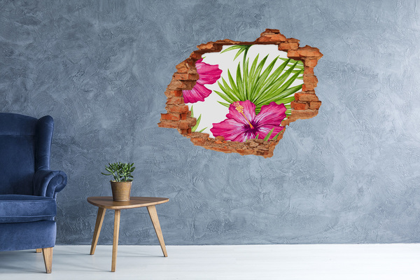 Trampantojo de pared rota efecto profundidad Paraíso tropical con hibisco