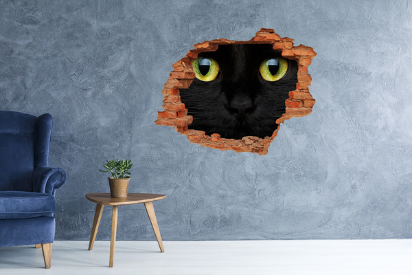 Vinilo pared rota 3d efecto realista Gato negro a través de un agujero en la pared