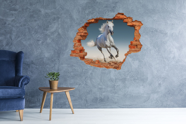 Vinilo pared rota 3d efecto realista Un caballo blanco en fuga