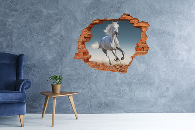 Vinilo pared rota 3d efecto realista Un caballo blanco en fuga