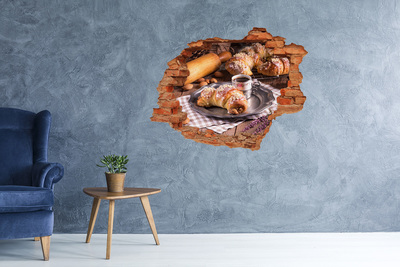 Vinilo pared rota 3d efecto realista Deliciosos croissants con café