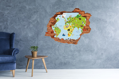 Vinilo pared rota 3d efecto realista Mapa de animales del mundo