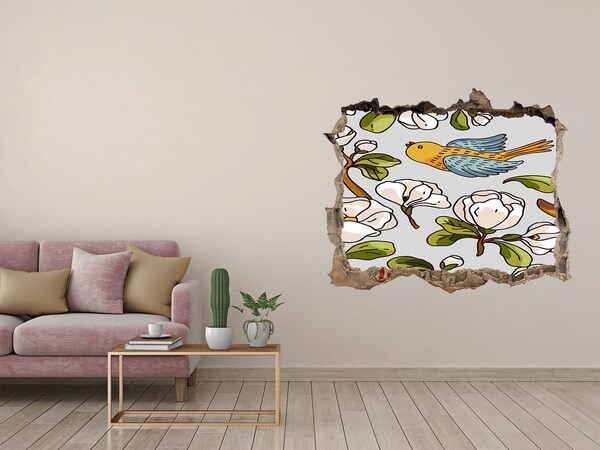 Pegatina de vinilo agujero 3d para pared Paraíso de flores con un pájaro