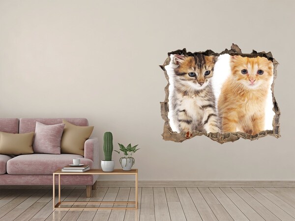 Vinilo pared rota 3d efecto realista Amigos gatos detrás del agujero