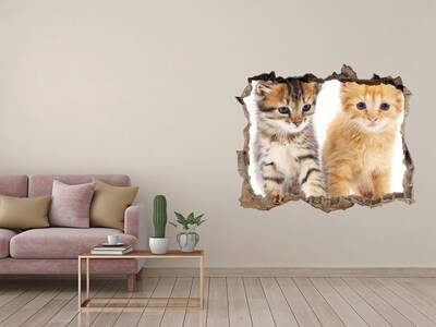 Vinilo pared rota 3d efecto realista Amigos gatos detrás del agujero