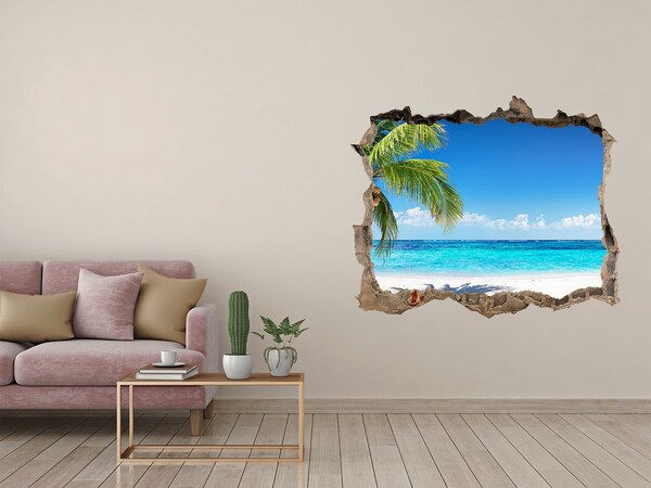 Vinilo pared rota 3d efecto realista Playa tropical con palmeras