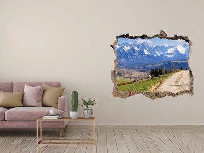 Vinilo pared rota 3d efecto realista Paisaje de montaña detrás del agujero en la pared