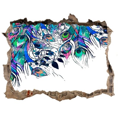 Vinilo pared rota 3d efecto realista Plumas de colores en un agujero en la pared