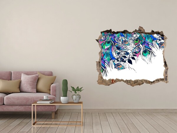 Vinilo pared rota 3d efecto realista Plumas de colores en un agujero en la pared