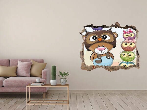 Trampantojo de pared rota efecto profundidad Adorable osito de peluche con búhos
