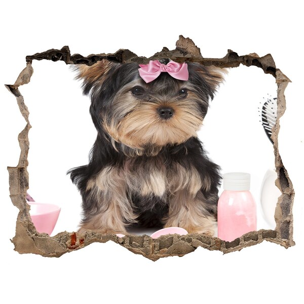 Trampantojo de pared rota efecto profundidad Un dulce Yorkshire Terrier con un lazo rosa