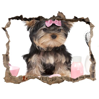 Dziura 3d fototapeta Słodki yorkshire terrier w różowej kokardce