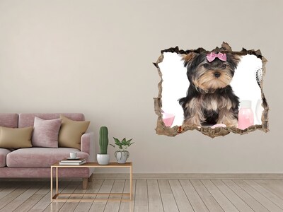 Trampantojo de pared rota efecto profundidad Un dulce Yorkshire Terrier con un lazo rosa