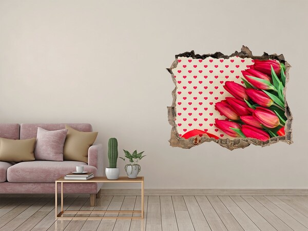 Vinilo pared rota 3d efecto realista Tulipanes en corazones