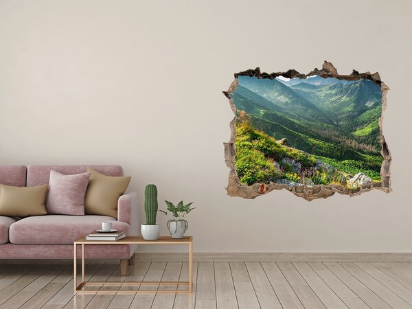 Vinilo pared rota 3d efecto realista Paisaje de montaña a través de un agujero en la pared