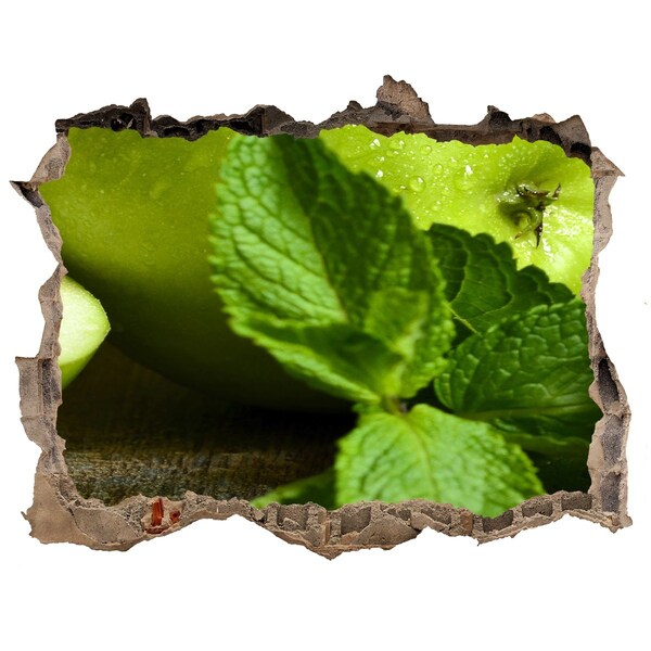 Vinilo pared rota 3d efecto realista Manzana verde con menta