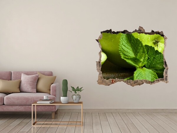 Vinilo pared rota 3d efecto realista Manzana verde con menta