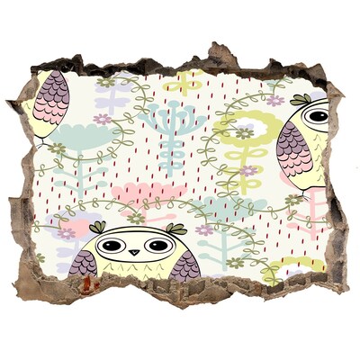 Vinilo pared rota 3d efecto realista Agujero en la pared con un búho y flores