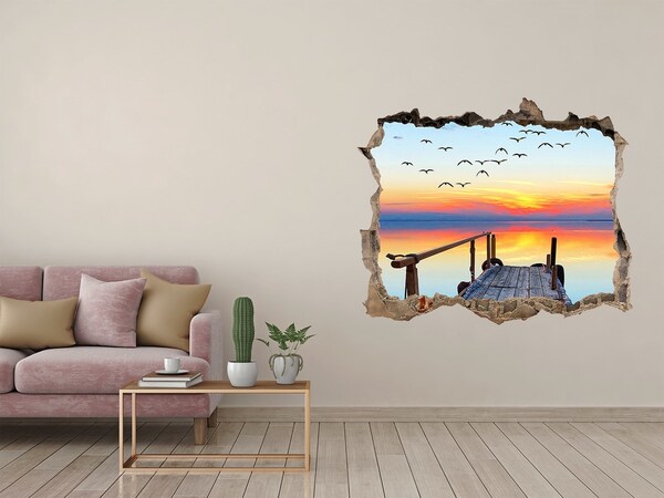 Vinilo pared rota 3d efecto realista Puesta de sol sobre el lago